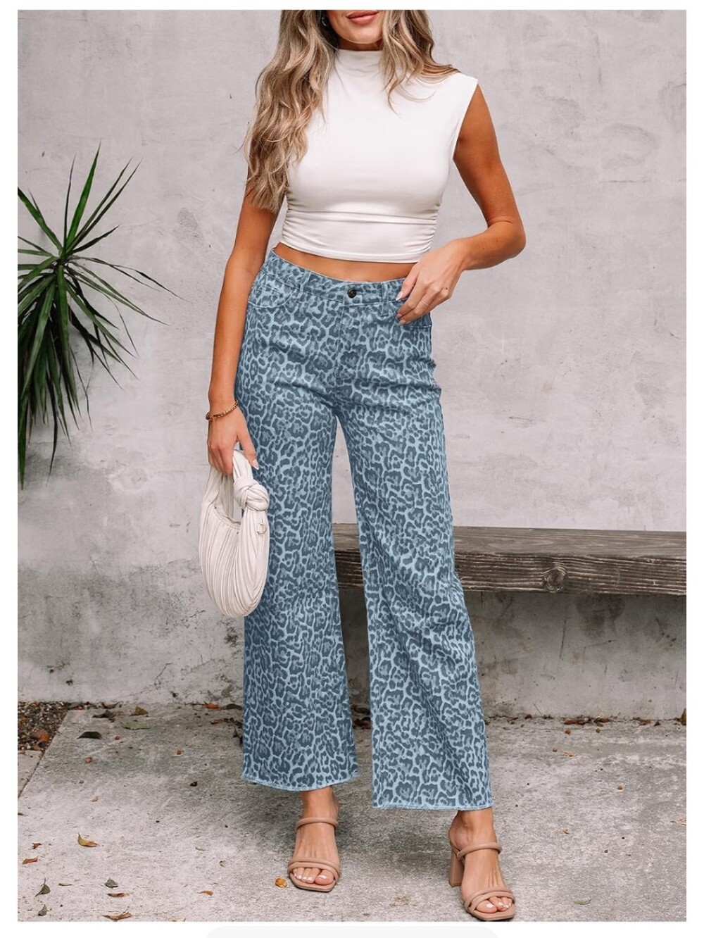 High-Rise Blue Leopard Print Wide-Leg Jeans. NWT